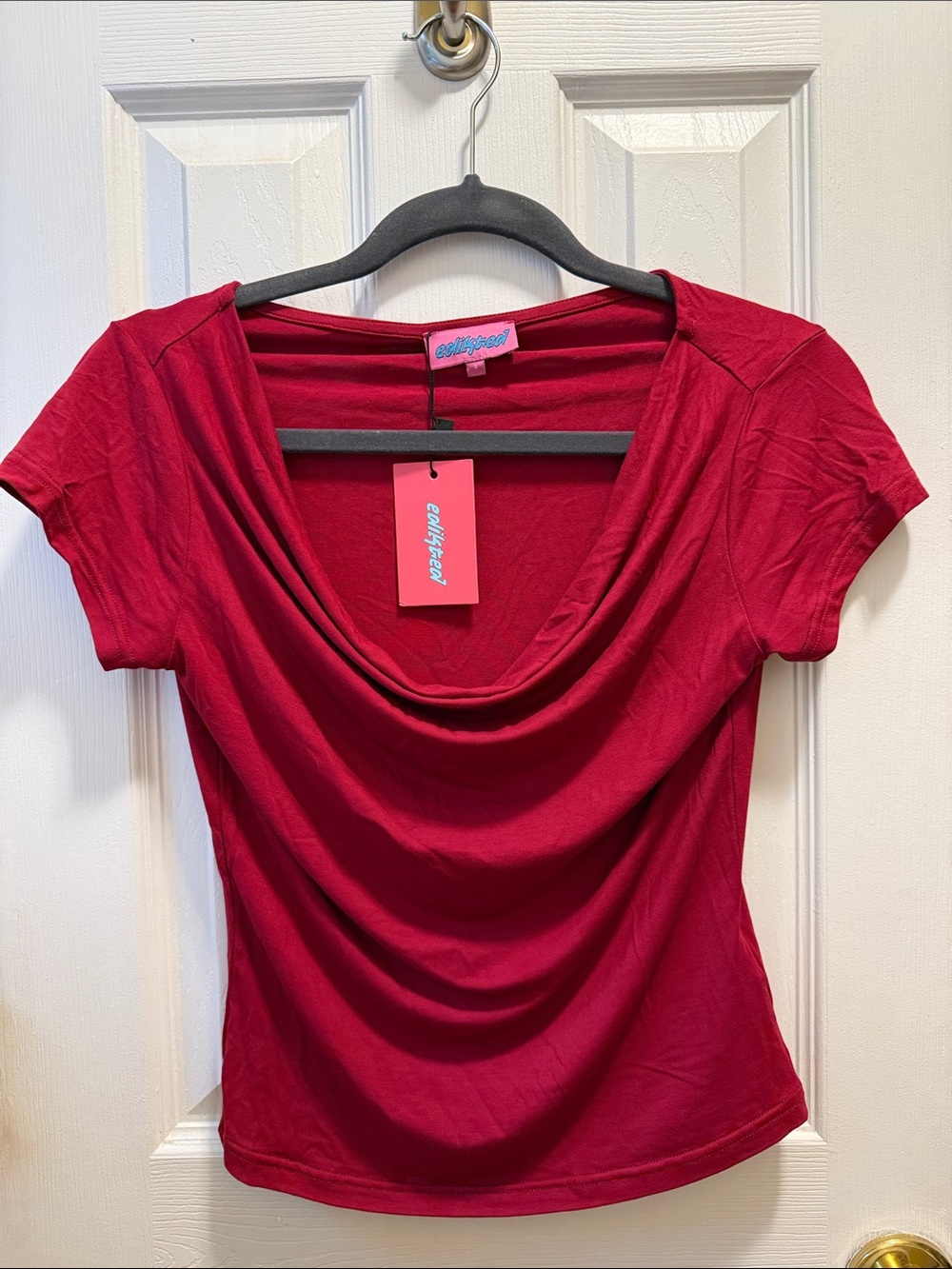 Edikted Red Cowl-Neck Short Sleeve Top